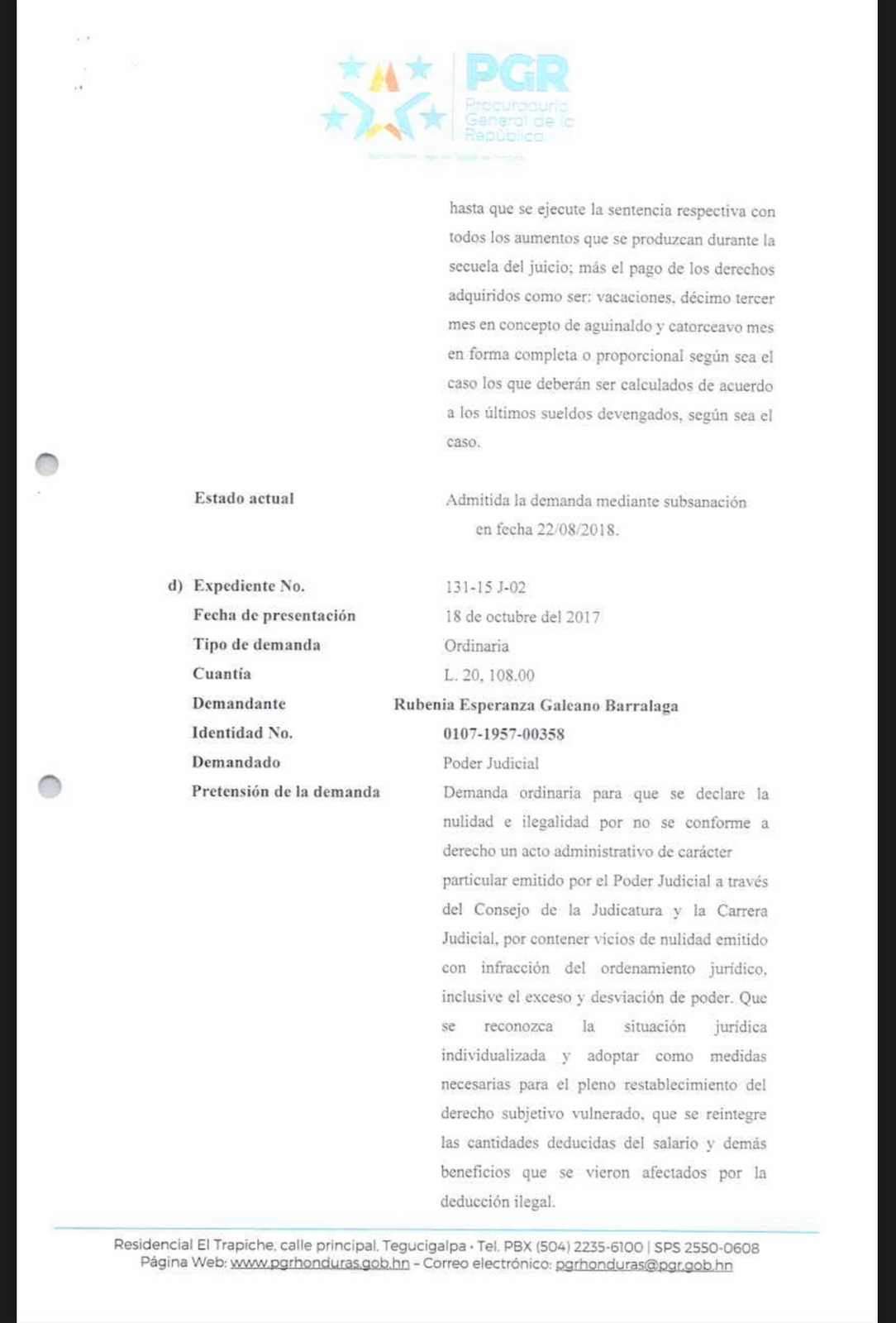 Informe remitido por parte de la PGR